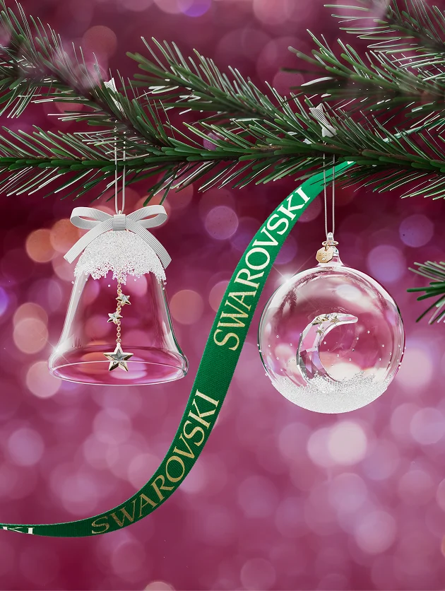 Swarovski crystal ball and bell shaped ornaments in a gifting setting
