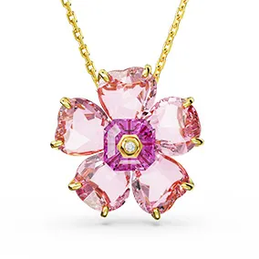 Idyllia necklace, Flower, Pink, Gold-tone plated