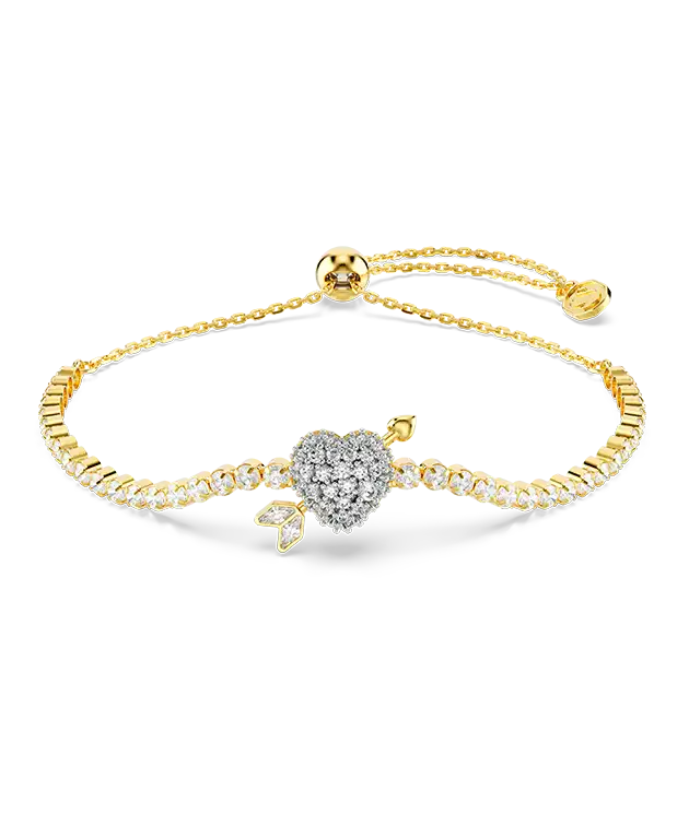 Idyllia bracelet, Mixed cuts, Heart with arrow, White, Gold-tone plated