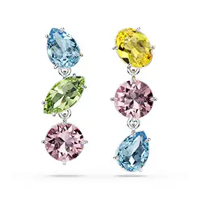 Gema drop earrings, Asymmetrical design, Mixed cuts, Multicolored, Rhodium plated
