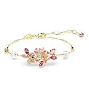 Gema bracelet, Crystal pearl, Mixed cuts, Flower, Pink, Gold-tone plated