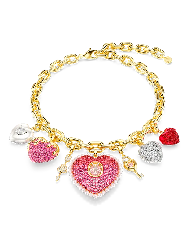 Idyllia necklace, Mixed cuts, Heart, Key, Multicolored, Gold-tone plated