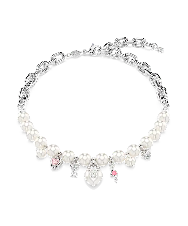 Idyllia necklace, Crystal pearl, Mixed cuts, White, Rhodium plated