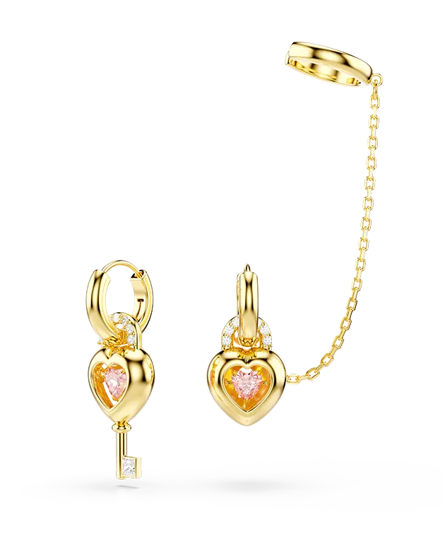 Idyllia drop earrings with ear cuff, Mixed cuts, Heart with key, Pink, Gold-tone plated