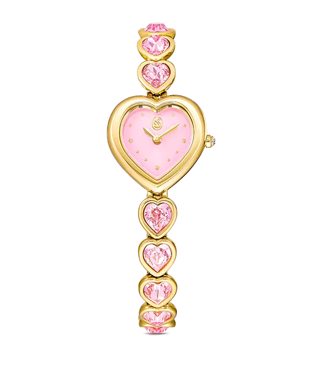 Idyllia Heart watch, Crystal bracelet, Pink, Gold-tone finish