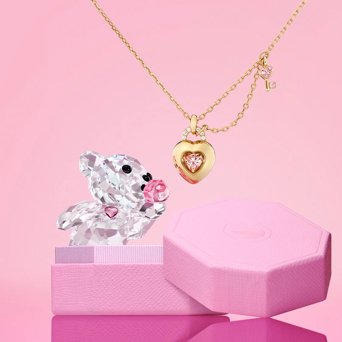 A Swarovski Kris Bear and necklace from the Valentine’s Day Collection and a pink Swarovski gift box
