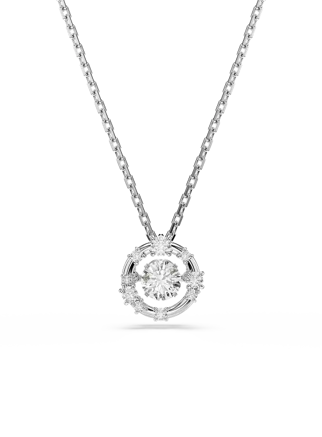 Constella pendant, Round cut, Dancing stone, White, Rhodium plated