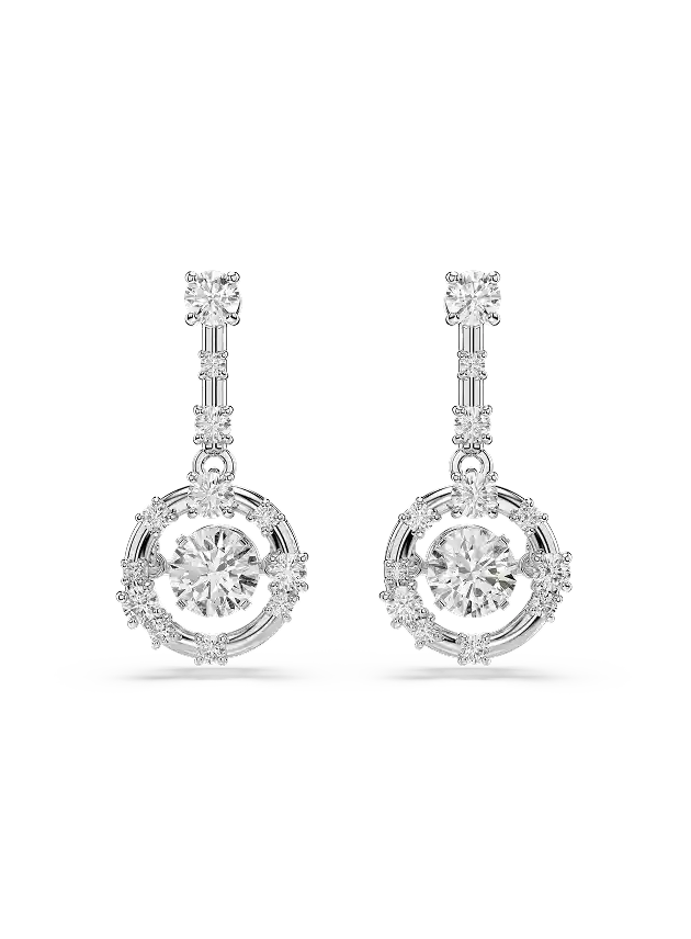 Constella drop earrings, Round cut, Dancing stone, White, Rhodium plated