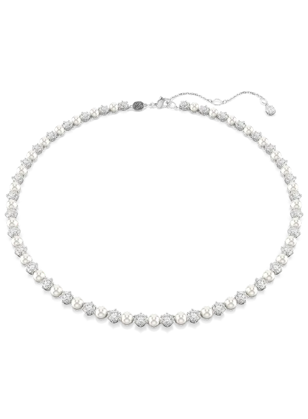 Matrix Tennis necklace, Crystal pearl, Round cut, White, Rhodium plated