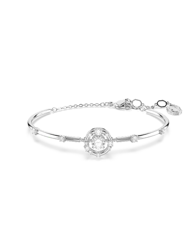 Constella bangle, Round cut, Dancing stone, White, Rhodium plated