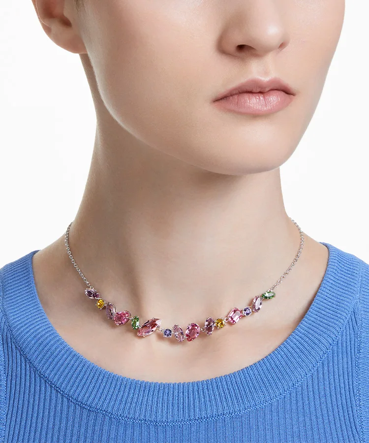 Gema necklace, Mixed cuts, Multicolored, Rhodium plated