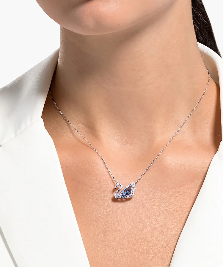 Swan necklace, Dancing swan, Blue, Rhodium plated