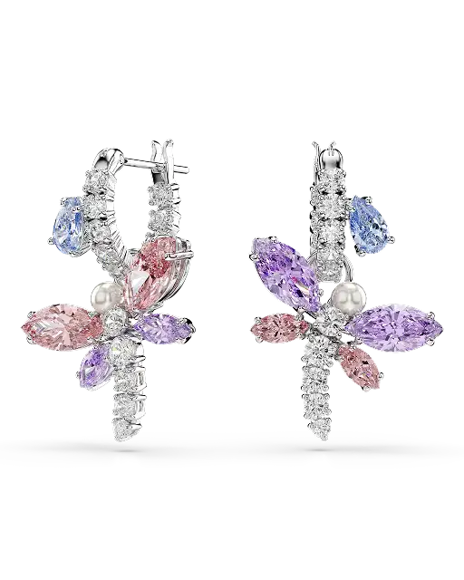 Ariana Grande x Swarovski drop earrings, Mixed cuts, Dragonfly, Multicolored, Rhodium plated