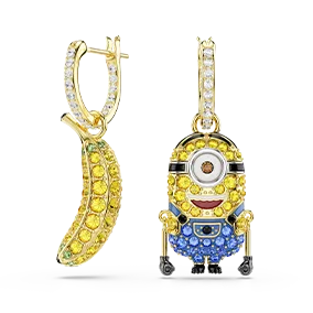 Minions Stuart and Banana drop earrings, Pavé, Mini, Multicolored, Gold-tone plated