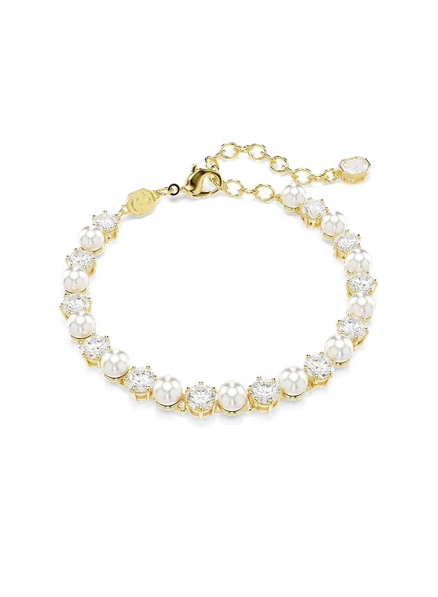 Matrix Tennis bracelet, Crystal pearl, Round cut, White, Gold-tone plated