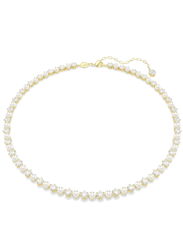 Matrix Tennis necklace, Crystal pearl, Round cut, White, Gold-tone plated