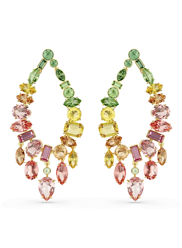 Gema drop earrings, Mixed cuts, Chandelier, Multicolored, Gold-tone plated