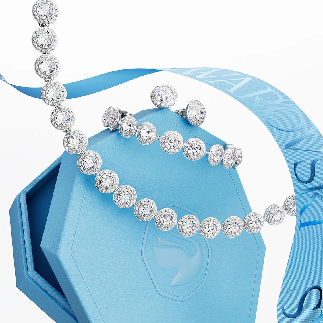 Una Angelic bracelet, earrings and necklace with blue ribbon and box