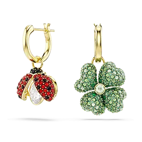 Idyllia drop earrings, Set (3), Ladybug, Clover, Strawberry, Multicolored, Gold-tone plated