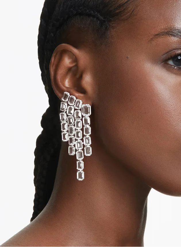 Millenia clip earrings, Octagon cut, Chandelier, White, Rhodium plated