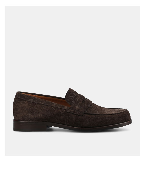 The Sterling Penny Loafer in Brown Floral Suede