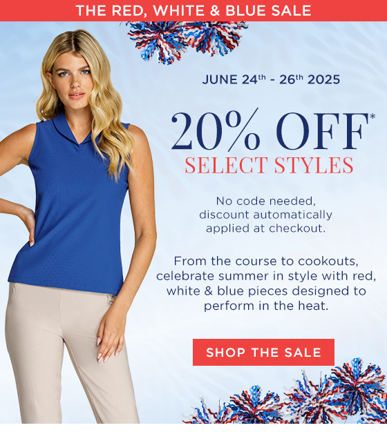 Model in blue golf top with collar and tan golf bottoms