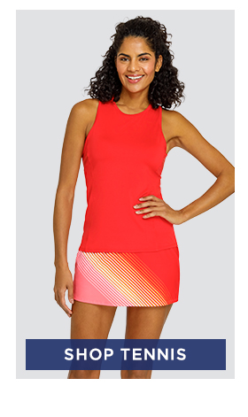 Model in red sleeveless tennis top with red patterned skort