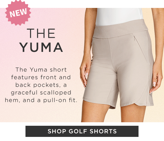 Model in tan golf pants with scalloped hem