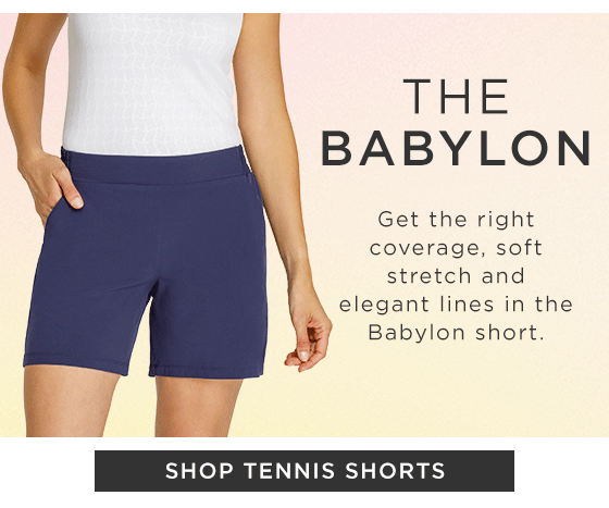 Model in navy blue tennis shorts