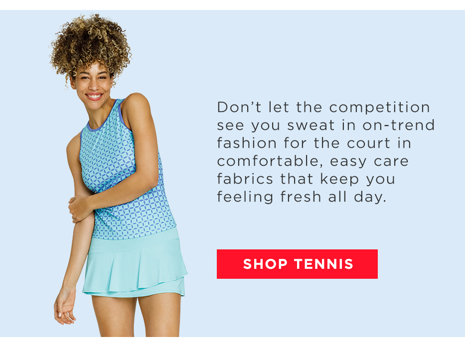 Model in blue geometric tank top and blue skort with asymmetric flounce detail