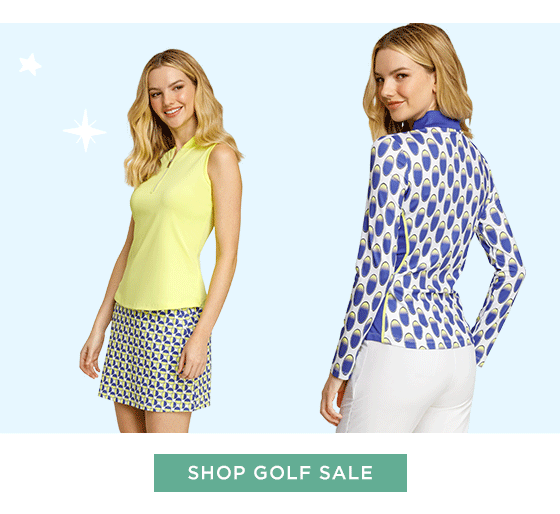 Womanin yellow top and geometric yellow, purple and white skort, Woman in blue and yellow circle print long sleeve top
