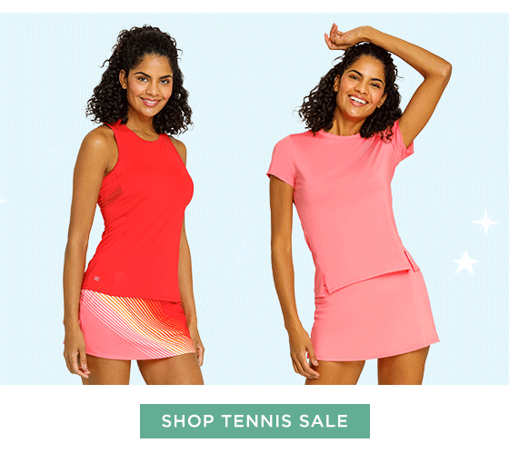 Womanin red tank top and pink, yellow, and red ombre skort, woman in pink short sleeve top and matching pink skort