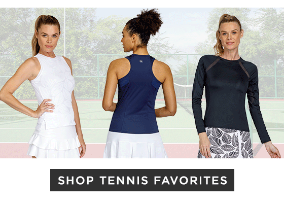 Woman in white sleeveless top with tonal leaf print and white skort, woman in blue tank top and white pleated skort, woman in black long sleeve top and white and black leaf print pattern skort