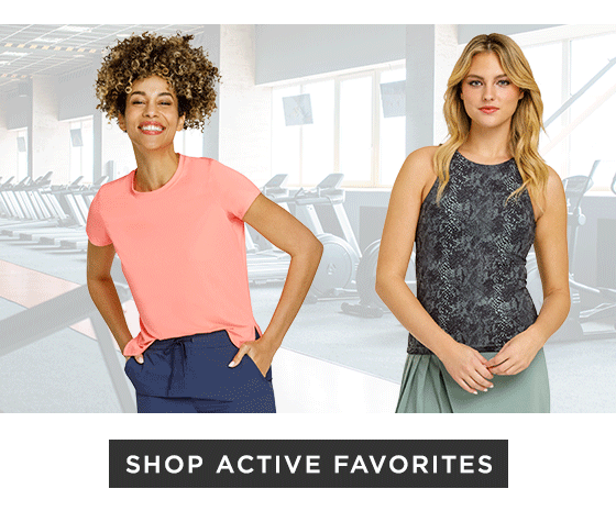 Woman in coral short sleeve top, woman in snakeprint tank top and green skort with pleated detail