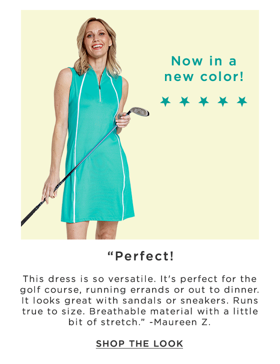 Woman in turquoise sleeveless golf dress with white piping detail