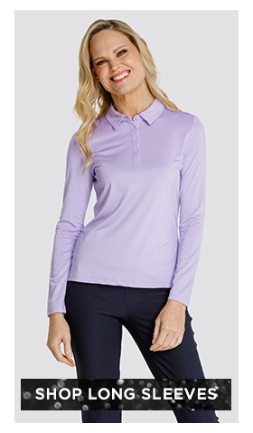 Woman in light purple long sleeve top with collar and button placket