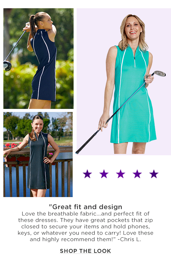 Women in sleeveless golf dresses with white piping in black, navy blue, and turquoise
