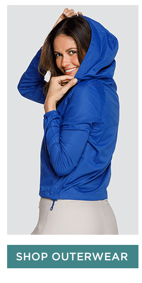 Woman in blue full zip jacket with hood
