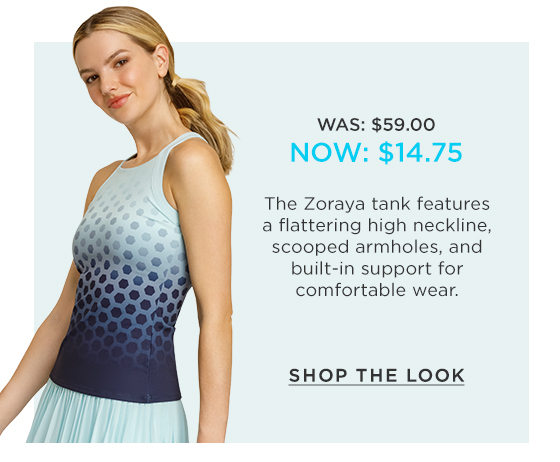 Woman in light blue to dark blue ombre geometric print tank top