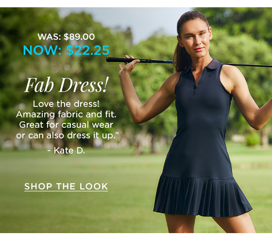 Woman in black sleeveless dress with pleated hem, collar and zipper