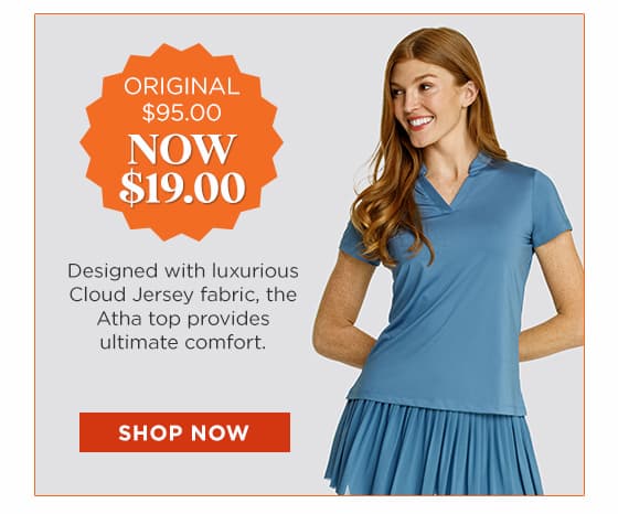 Model in blue short sleeve top 