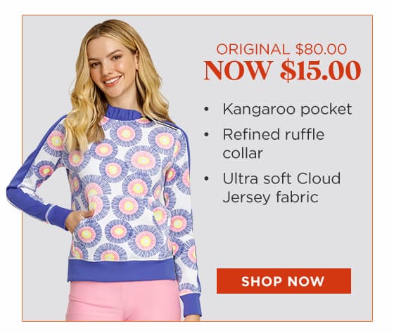 Model in purple patterned pullover