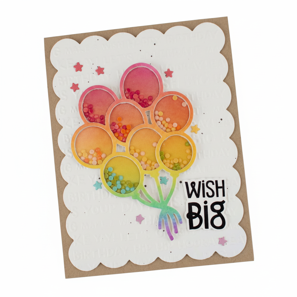 A birthday card with shaker balloons and the words "Wish Big".