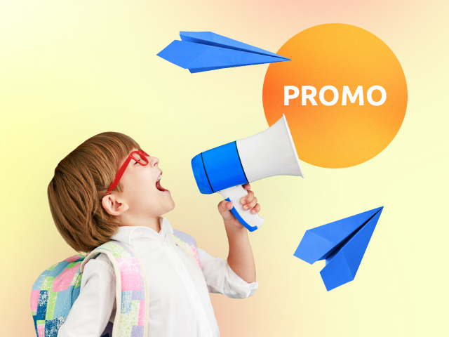 back to school promo, child with megaphone