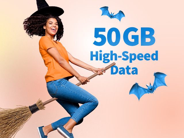 A girl flying on a broomstick with a witch hat, and 50GB High-speed data written in the background