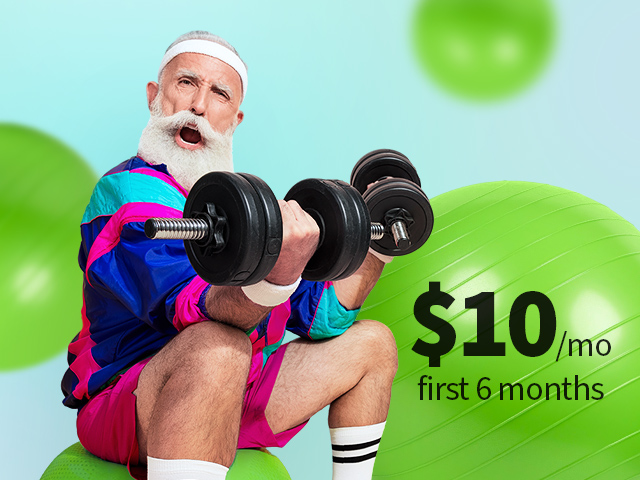 A man lifting weights with promotional text reading ‘$10/month for the first 6 months’ in the background