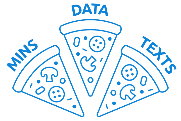Illustration of 3 pizza slices labled Minutes, Data, Texts