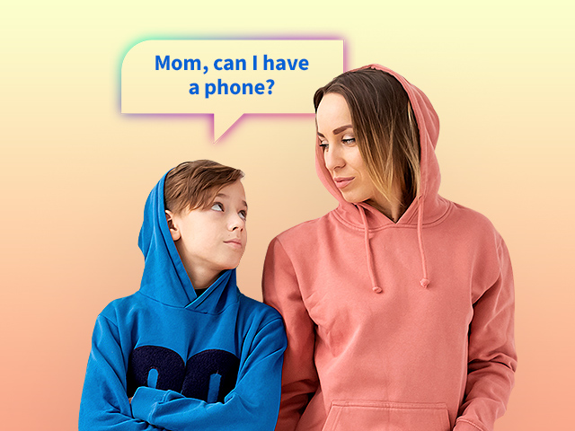 Boy asking his mom "Mom, can I have a phone?"