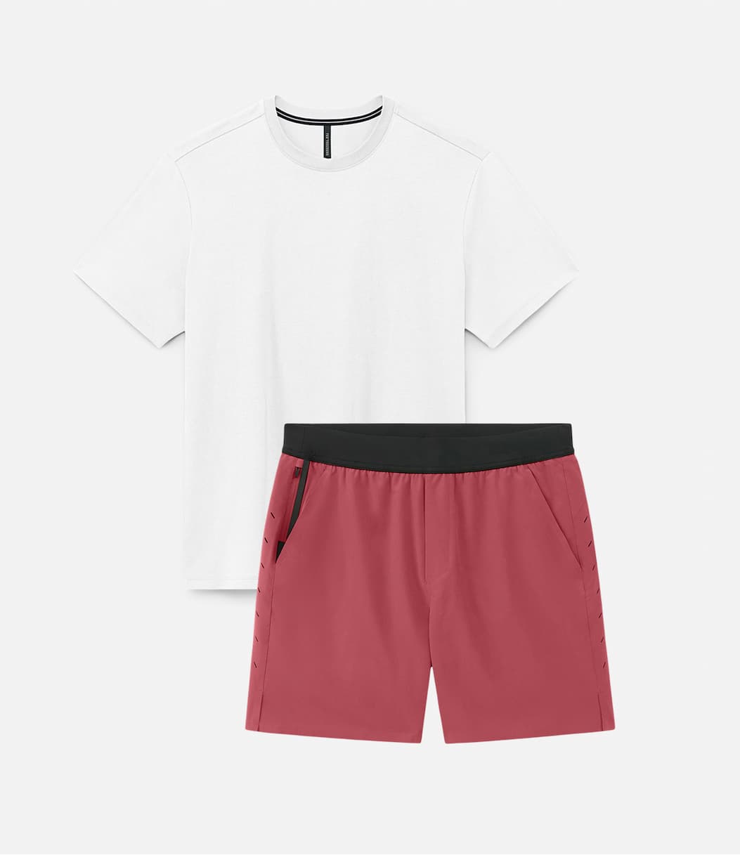Product Images: White Core Tee + Mesa Red Interval Short