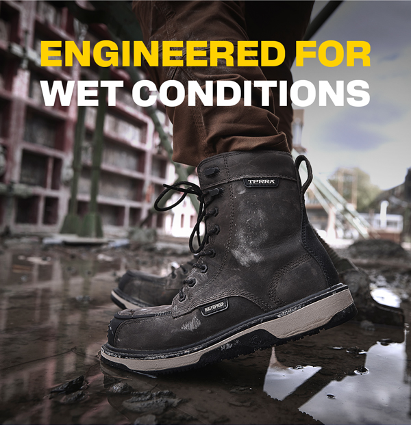 ENGINEERED FOR WET CONDITIONS  [Lifestyle image of Terra boots]